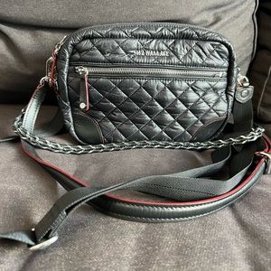 MZ Wallace crossbody bag in black with silver hardware.